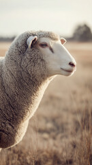 Profile of a white sheep in a green field