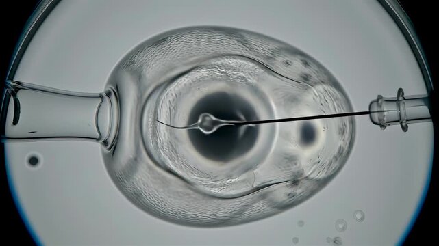 Microscopic Fertilization Procedure Showing Single Sperm Injection Into Human Egg With Precision Needle in Ultra Detailed Biology View