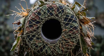 Obraz premium Close-up view of military weapon barrel covered in camouflage. Military weapon barrel with ghillie suit, netting, and natural foliage for concealment, blending into environment.