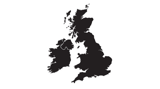 United Kingdom Map Silhouette in Simple Monochrome Black on White Background for Geographic Illustration