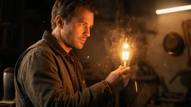 Man holding a glowing light bulb with sparks in a dark workshop setting