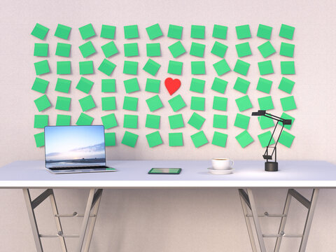 Symbolic office wall with heart and sticky notes in modern workspace