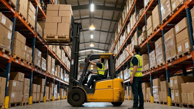 Worker operating yellow forklift in large warehouse while supervisor directs placement of stacked boxes on high shelves