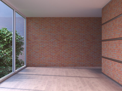 Empty apartment with brick wall and large window in modern interior