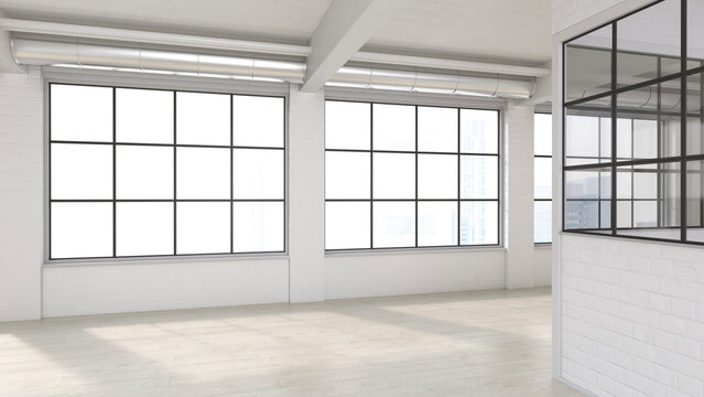 Modern industrial loft apartment interior with brick walls and large windows