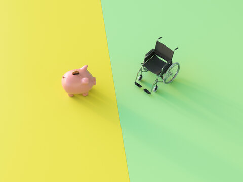 Piggy bank and wheelchair on yellow and green background symbolic of finance and care