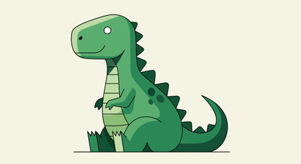 A cute and friendly green dinosaur mascot illustration, sitting and smiling with a big tail