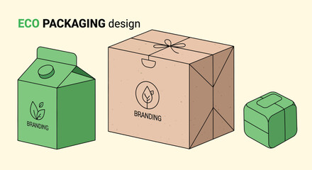 Isometric Vector Illustration Featuring Sustainable Eco Packaging Designs, Including a Milk Carton, Cardboard Box, and Small Gift Box for Environmentally Conscious Branding