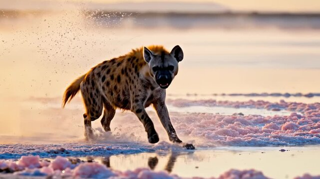 Spotted hyena running through shallow water and pink salt flats at sunset in the african savanna