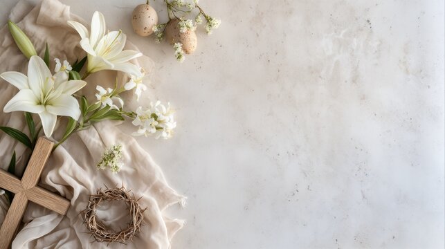 Easter background with cross, white lilies and draped cloth copy space