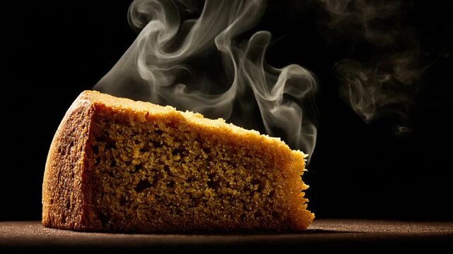 A warm, delicious-looking slice of baked treat with wispy steam rising, isolated on black