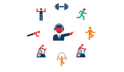 Fototapeta premium Gym Workout and Fitness Activity Icons Vector Set in Solid Flat Style