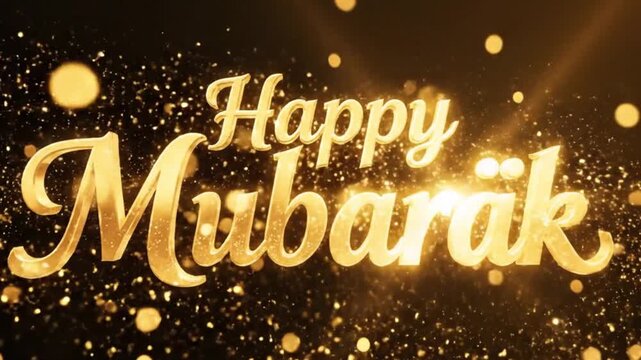 Golden text Happy Mubarak with glitters and blurred lights against a black background