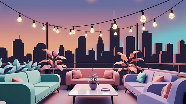 Stylish rooftop terrace with city skyline and string lights at sunset