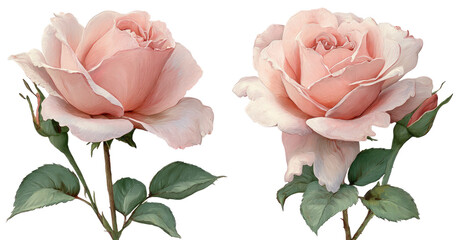 Two pastel pink roses, detailed illustration