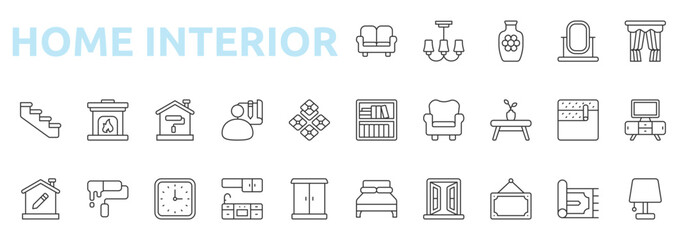 Home Interior icon set outline style with sofa, ceiling lamp, vase, mirror, curtain, bookshelf, chair, table, icons