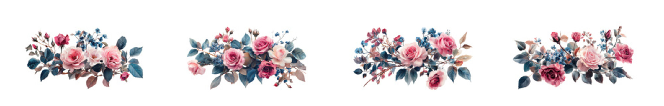 Vintage style floral border with roses, berries, and leaves on transparent background isolated on transparent background