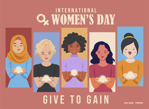 Give to Gain - International Women&rsquo;s Day 2026 Women Solidarity Illustration with multicultural women holding light hands. Ideal for IWD 2026, gender equality, empowerment, and diversity campaigns.
