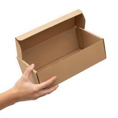 Person holding an open cardboard box with both hands