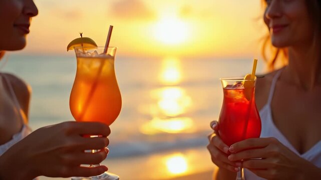 Two women clink glasses with tropical cocktails on a beach at sunset with golden sunlight reflecting on the ocean waves