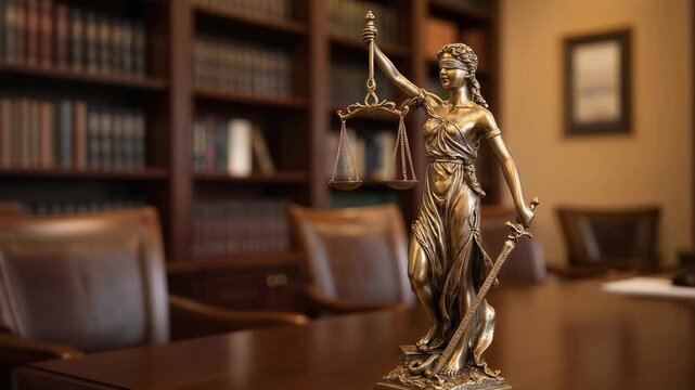 Lady Justice statue with scales and sword in elegant legal office with leather chairs and bookshelves