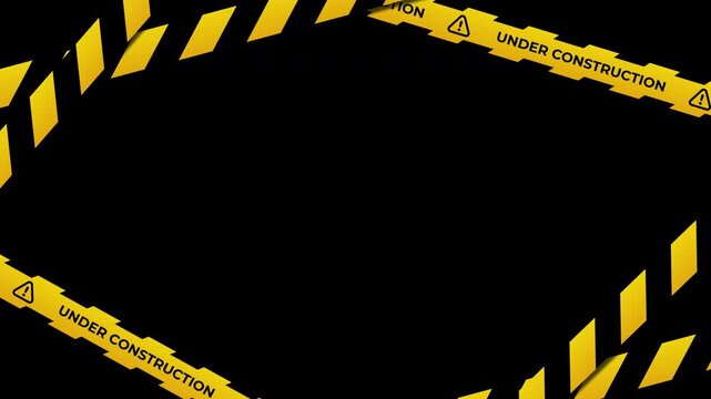 Under construction tape animation with yellow and black diagonal stripes. Warning danger tape. Warning frame animation with yellow and black diagonal stripes. Transparent background with alpha channel