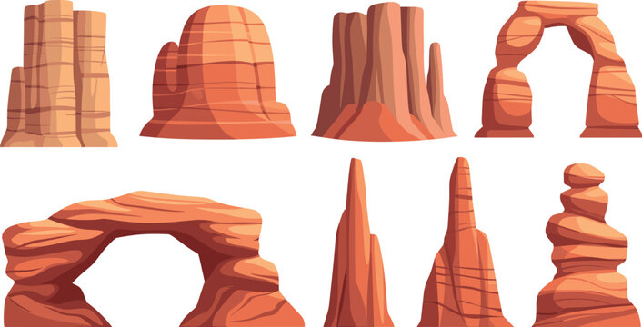 Set of red sandstone canyon cliffs, arches and rock pillars, desert landscape elements, western flat vector illustration
