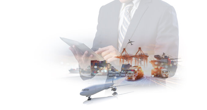 Multiple exposures of Businessman touching tablet for analyze stock at logistics port and world map with logistic network distribution on background, transportation trading business concept,
