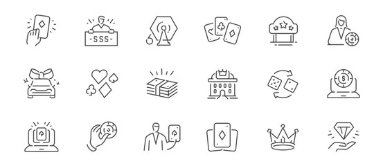Casino and gambling line icons set with playing cards, money and online betting symbols