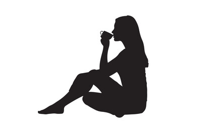 Silhouette of a woman sitting and drinking from a cup.
