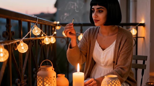 Young woman with black bob hair lighting a large white candle on a balcony decorated with string lights at twilight