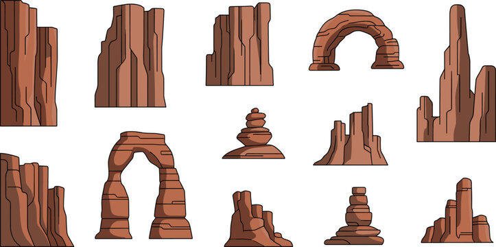 Set of red sandstone rock formations and arches, desert canyon landscape elements, western flat vector illustration collection