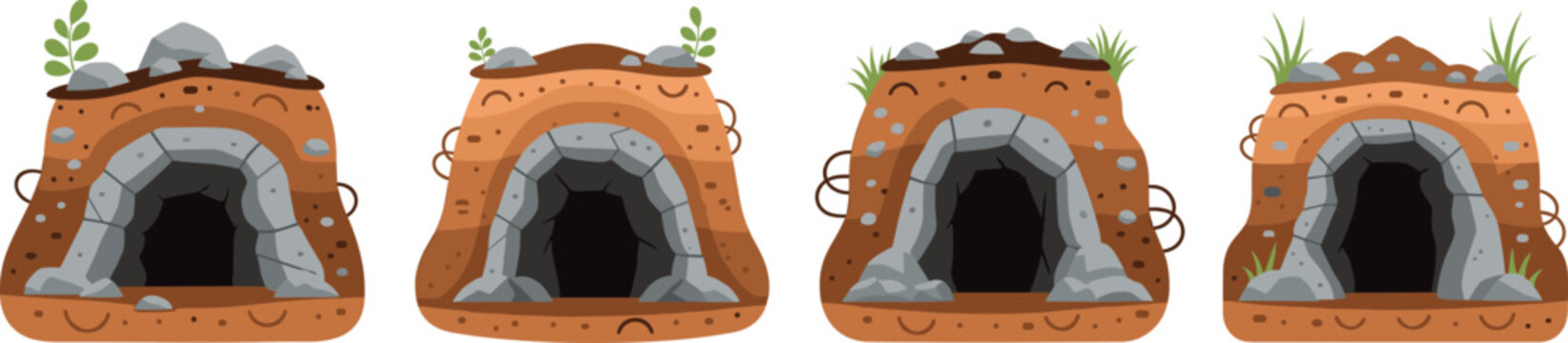 Set of rocky cave entrance vector illustrations with underground tunnels and plants for game and adventure design
