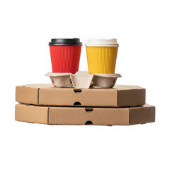 Two drinks on a cardboard tray next to pizza boxes