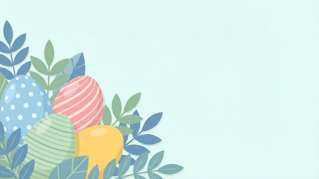 Colorful decorative easter eggs with intricate patterns nestled amongst stylized blue and green foliage create a festive spring holiday background design for celebrations.