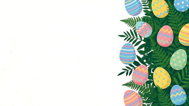 Colorful patterned easter eggs nestled among vibrant green fern leaves creating a festive border illustration perfect for spring holiday greeting cards and celebrations.