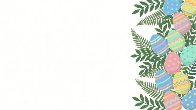 Colorful decorated easter eggs nestled among green fern leaves create a vibrant festive border design perfect for spring celebrations and holiday greeting cards.