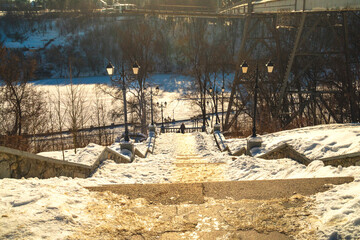 Frozen Winter Park on Cold Sunny Morning