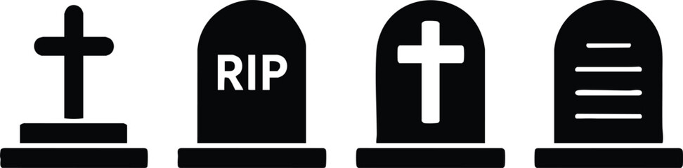 Obraz premium Varied Cemetery Tombstone and Gravestone Icon Set, Monochrome Memorial Markers with Cross and 