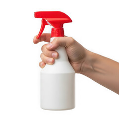 Person holding and using a white spray bottle with red trigger
