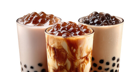 Three glasses of bubble tea, showcasing variations in color and topping.  A light pink, a creamy beige with brown swirls, and a dark brown beverage are filled with tapioca pearls