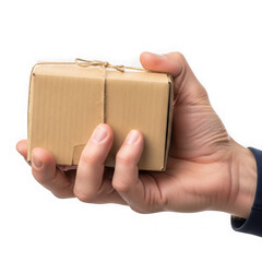 Hand holding a small package wrapped in brown paper and tied with twine