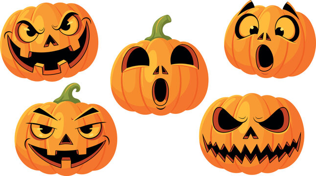 Set of scary Halloween jack o lantern pumpkins with exaggerated spooky faces flat vector illustration