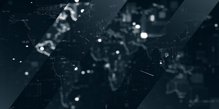 A sophisticated 3D digital world map featuring glowing global network nodes and high-tech data visualization.