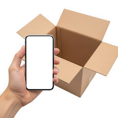Hand holding smartphone with blank screen near open cardboard boxes