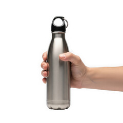 Person holding a stainless steel water bottle with a handle and a black cap