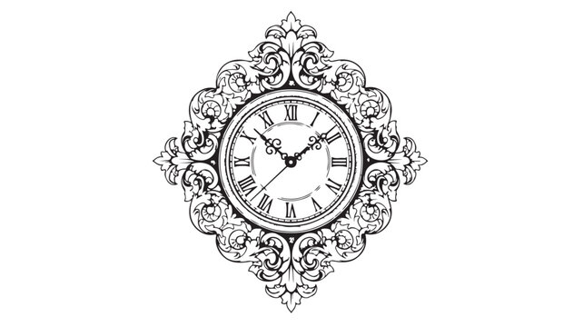 Ornate Clock Face in Vintage Floral Frame with Detailed Line Art in Black and White for Tattoo Design
