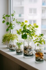 Minimalist Indoor Plants in Glass Jars on Bright Apartment Windowsill with Natural Light