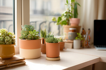 Cozy Home Workspace with Succulents and Warm Natural Light in Modern Interior