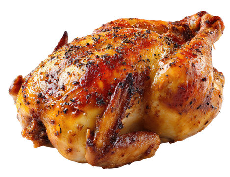 Roasted whole chicken, golden-brown skin, seasoned